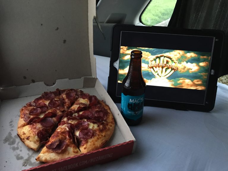 Pizza beer and a movie